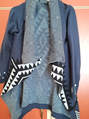 Cardigan like new with buttons and neck scarf, white and blue