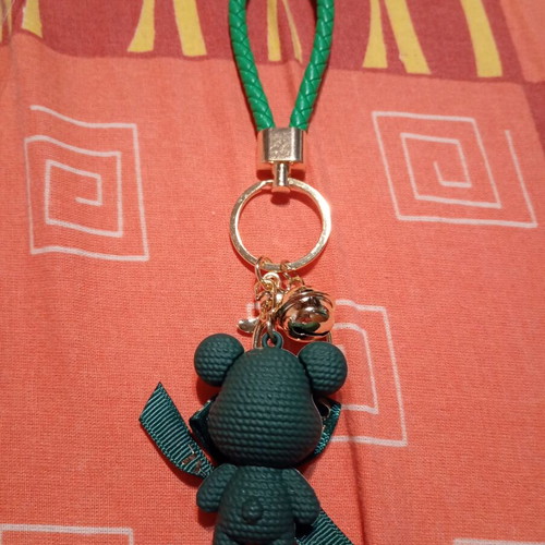 Fashion keychain Bear with bell new, green and gold