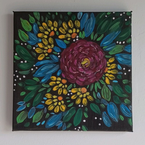 Handmade painting with flowers on black, new