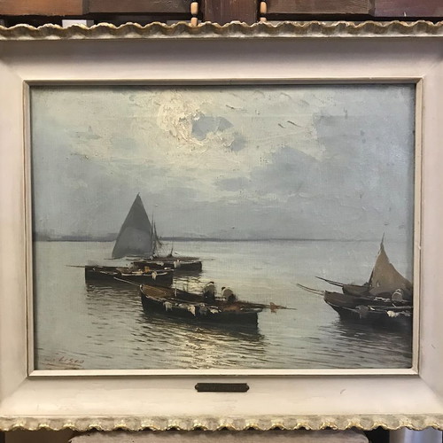 Oil painting by Arnaldo De Lisio landscape with boats like new