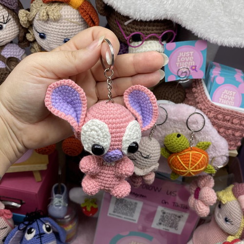 Handmade crochet Stitch Angel keychain pink