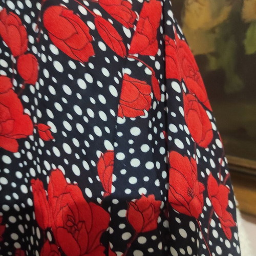Vintage shirt new with shoulder pads, black with white polka dots and red roses, size L-XL