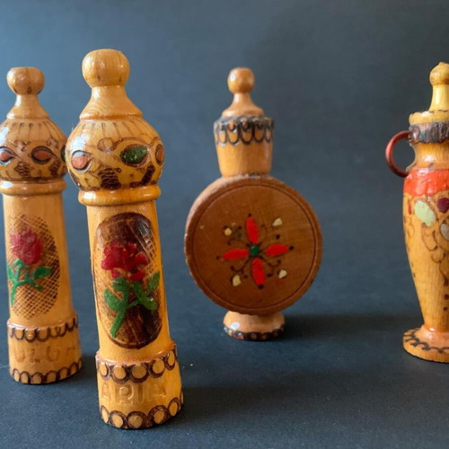 Vintage wooden perfume bottles used, set of 4, handmade