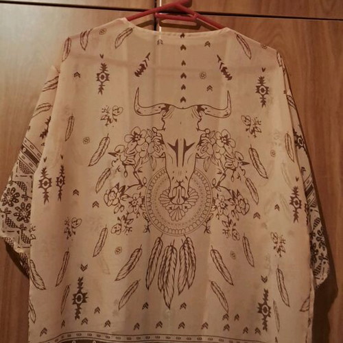 Transparent kimono with wide sleeves and velour leggings like new, beige and brown