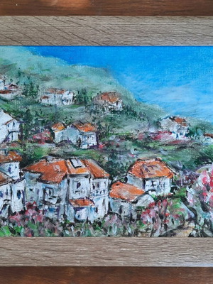 Village oil pastel painting new with wooden frame 26×35 cm