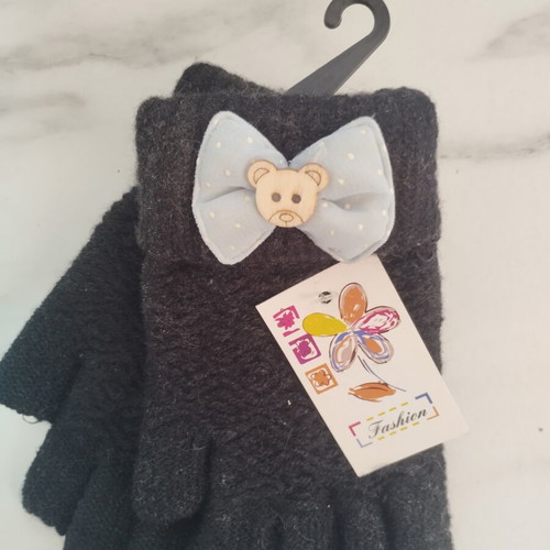 Fingerless gloves new with blue bow and wooden teddy bear