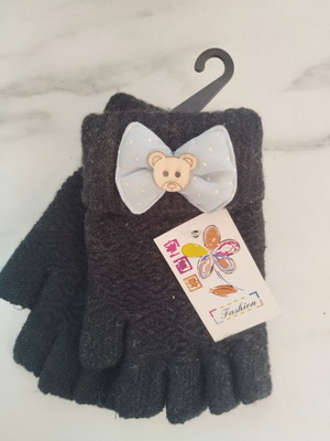 Fingerless gloves new with blue bow and wooden teddy bear
