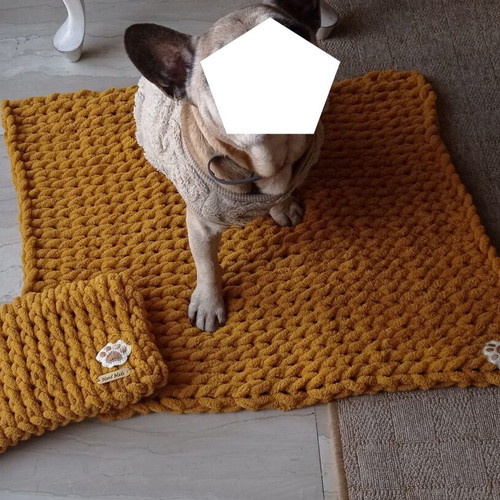 Handmade pet set with Alize Puffy yarn, hypoallergenic, mustard color