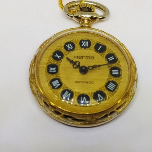 Pocket watch Herma Antichoc 1950-60 used, winding, gold-plated