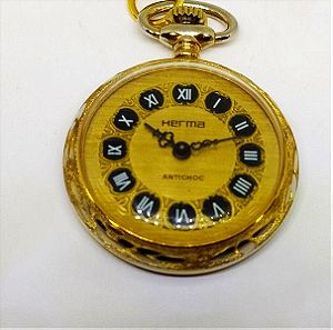 Pocket Watch, Ρολόι Τσέπης, Κουρδιστό, Αντίκα, Vintage, Herma Antichoc 1950-60, Επίχρυσο