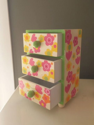 Decorative jewelry box used, small wooden with drawers, colorful
