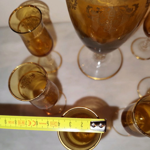Liqueur set used, decanter with stopper and 6 glasses, antique 1930
