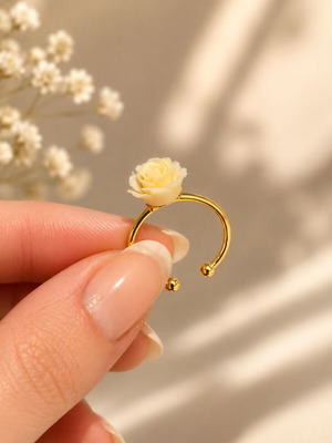 Handmade Adjustable Ring with 3D Rose on Gold Base new