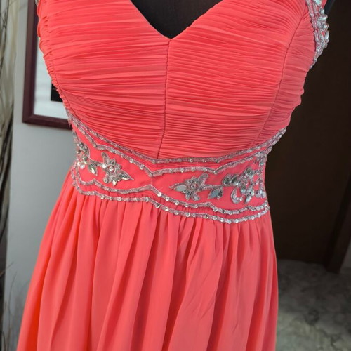 Eva & Lola Evening Dress coral, like new, gift silver sandals