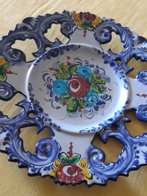 Portuguese pierced painted plate like new with hook