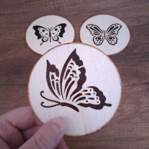 Handmade coasters set of 4 with pyrography butterflies, new