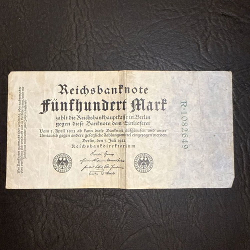 German collectible Reichsbanknote 500 Mark 1922 new