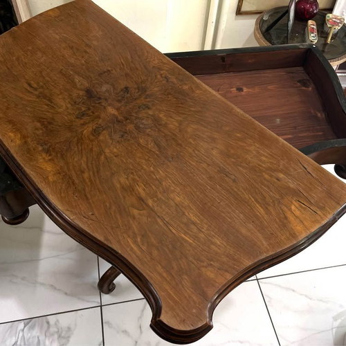 Antique table used, folding, solid walnut with storage space