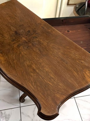 Antique table used, folding, solid walnut with storage space