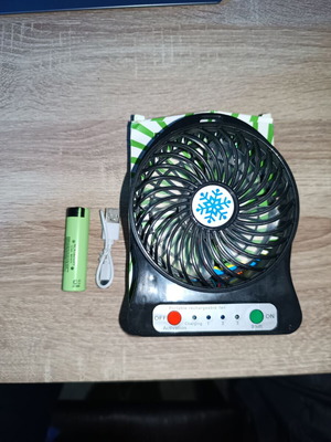 Portable rechargeable fan with 18650 battery, LED light, and 3 speeds