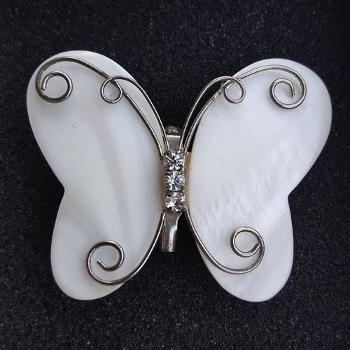 Vintage Butterfly Brooch Mother of Pearl with Rhinestones like new