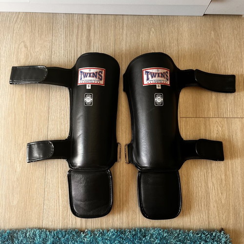 Twins Small Leather Shin Guards used with elbow pads and groin guard