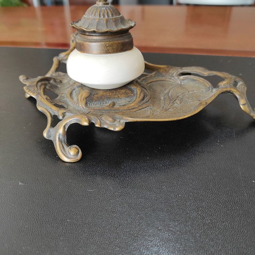 Brass and porcelain inkwell new
