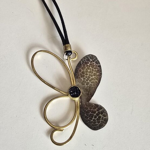 Cameo Statement Butterfly Pendant Necklace like new, black and gold-tone