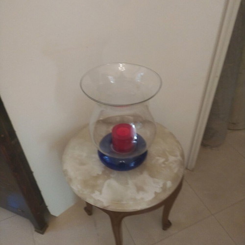 Glass blown candle holder with blue base and windproof, new