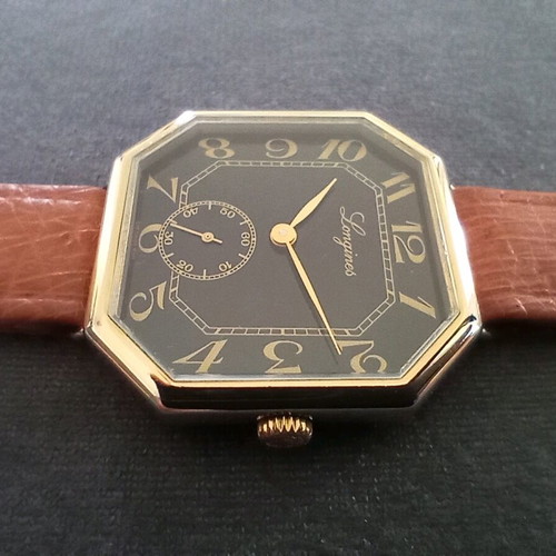 Vintage Longines Octagon watch from the 1970s like new, gold and black