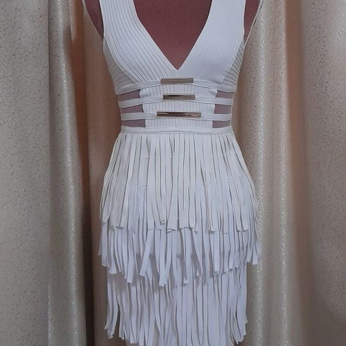 Serendipity white cream bandage dress with fringes, size M