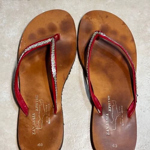 Women's brown sandals with red straps used, genuine leather, size 40