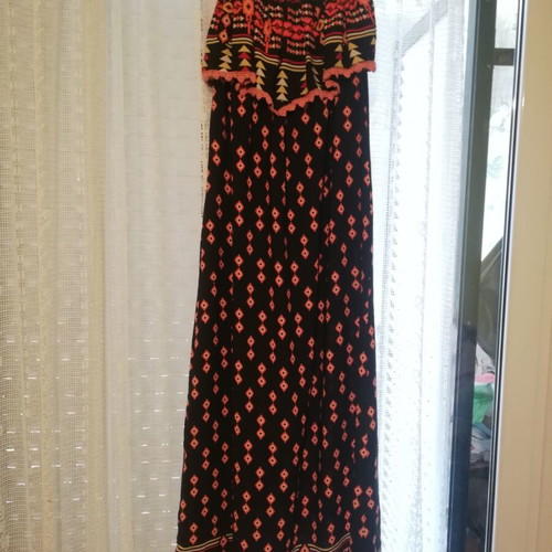 Strapless dress with Prive pattern used, black and orange, small-medium