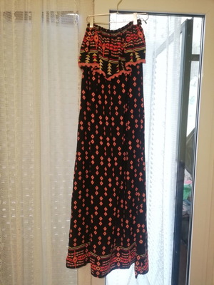 Strapless dress with Prive pattern used, black and orange, small-medium