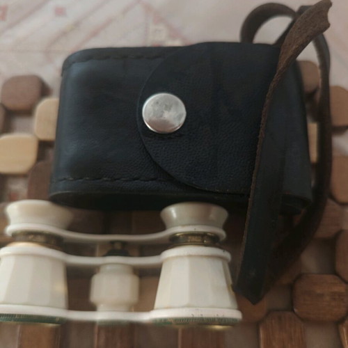 Vintage theatrical binoculars used with wear, leather case, 2.5x24, collectible