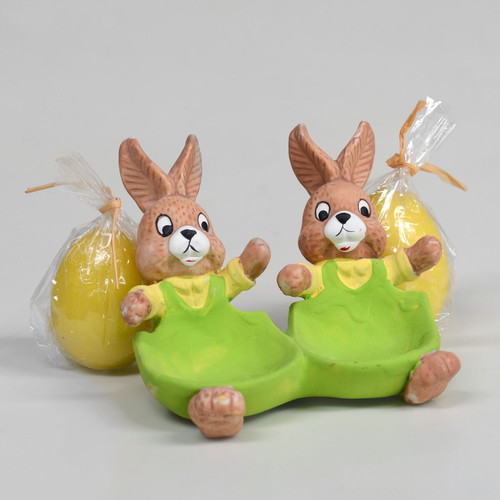 Easter ceramic decoration with bunnies and wax eggs like new