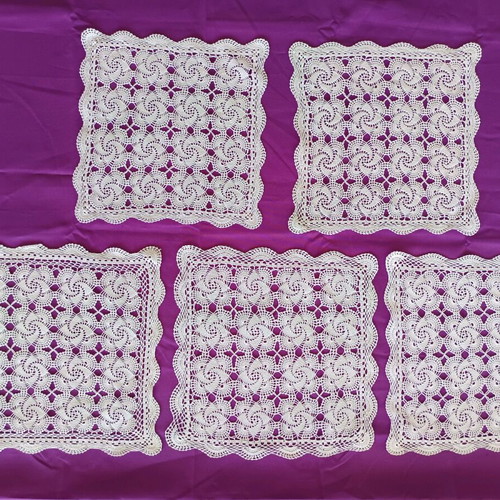 Handmade square lace embroideries set of 5, like new