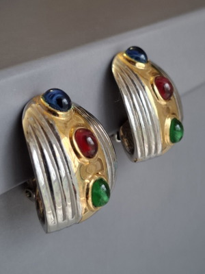 Vintage two-tone clip-on earrings with colorful stones used