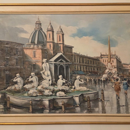 Hand-painted Piazza Navona painting like new with frame