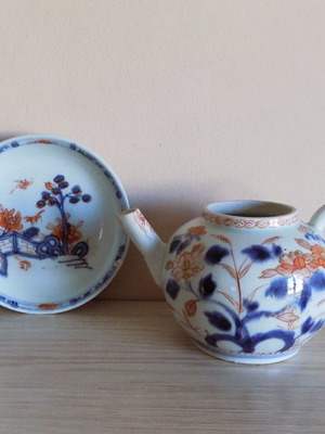 Antique teapot and saucer set used, 19th century
