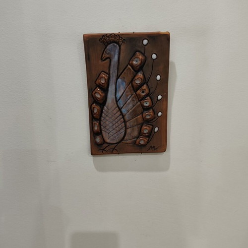 Vintage ceramic wall panel peacock signed, like new