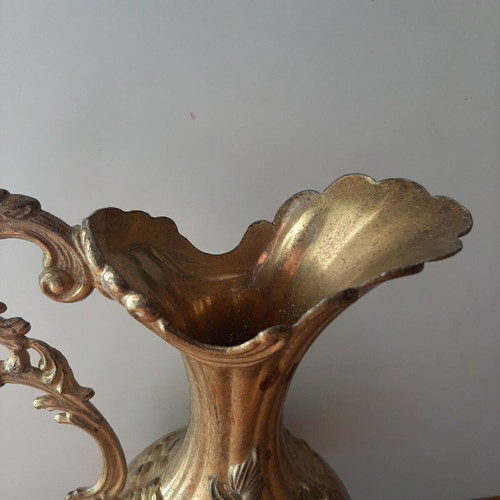 Vintage large metal amphora 24cm used, 1950s-60s brass-tin