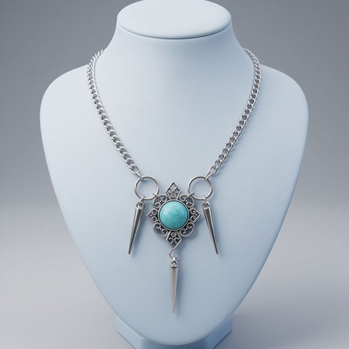 Steel necklace with turquoise stone and gothic details new