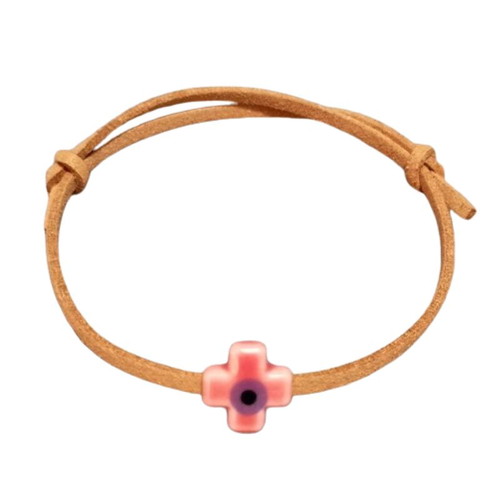 Set of 100 handmade baptism witness bracelets with suede cord and pink ceramic cross