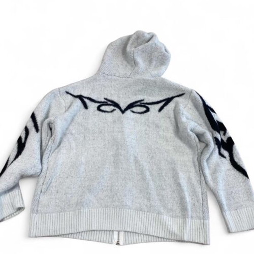 Oversized gray zip-up fleece hoodie with tribal graphics