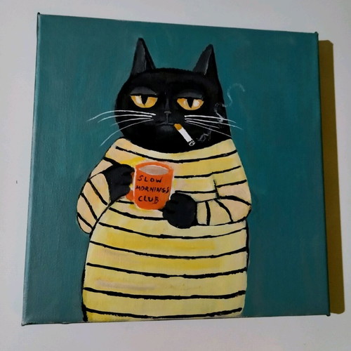 Cat motif canvas painting new with acrylics 20×20 cm