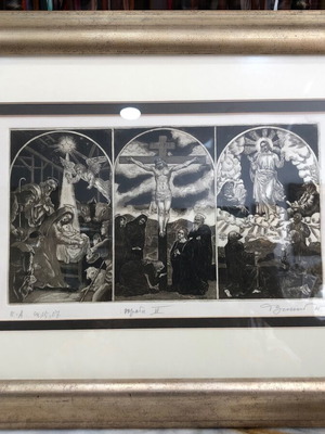 David Bekker woodcut used depicting the birth, crucifixion, and resurrection of Christ