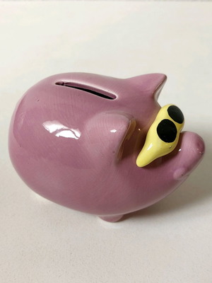 Vintage κεραμικός μωβ κουμπαράς «Γουρουνάκι» σαν καινούργιος με γυαλιά