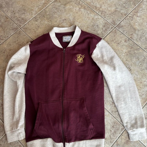 Sik Silk men's college-style cardigan used, burgundy and white, size L