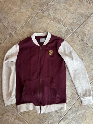 Sik Silk men's college-style cardigan used, burgundy and white, size L